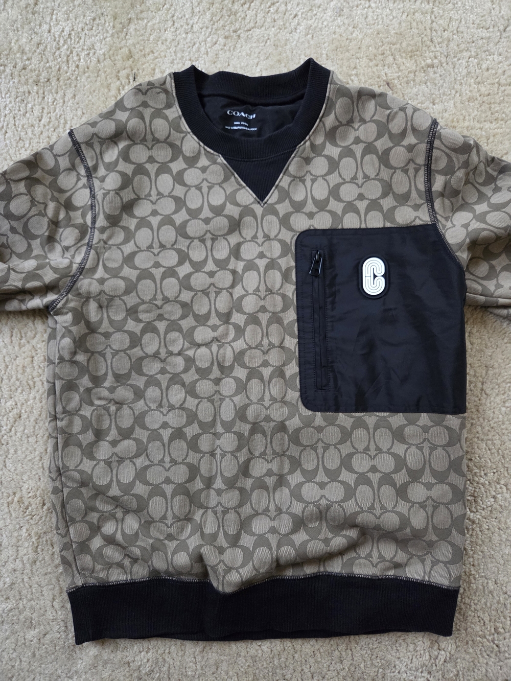 Coach Men’s Tan Signature Jacquard Crewneck with Black Pocket